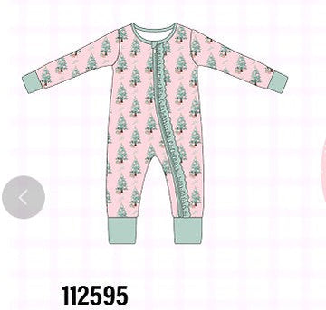 Pink christmas tree bamboo ruffle zipper romper
