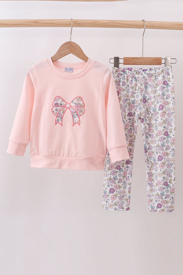 Pink floral bow applique pants set