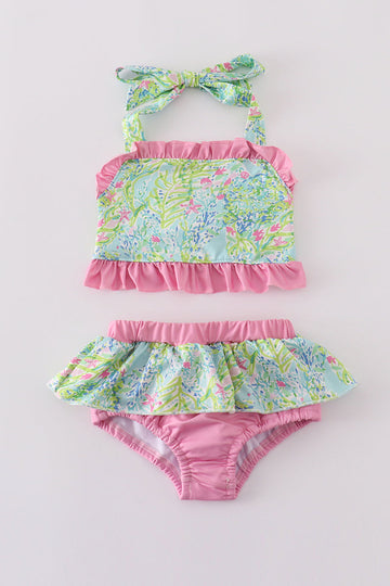 Girl's 2-piece swimsuit with colorful meadow breeze print, perfect for summer fun.