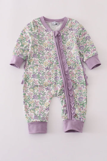 Purple floral print ruffle romper