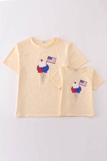 Matching mom and child tops with colorful ice cream and flag sequins.