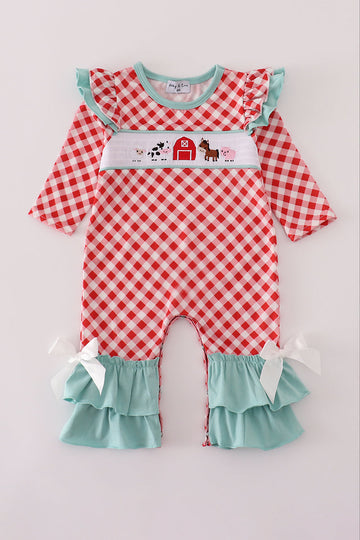 Red farm smocked ruffle romper