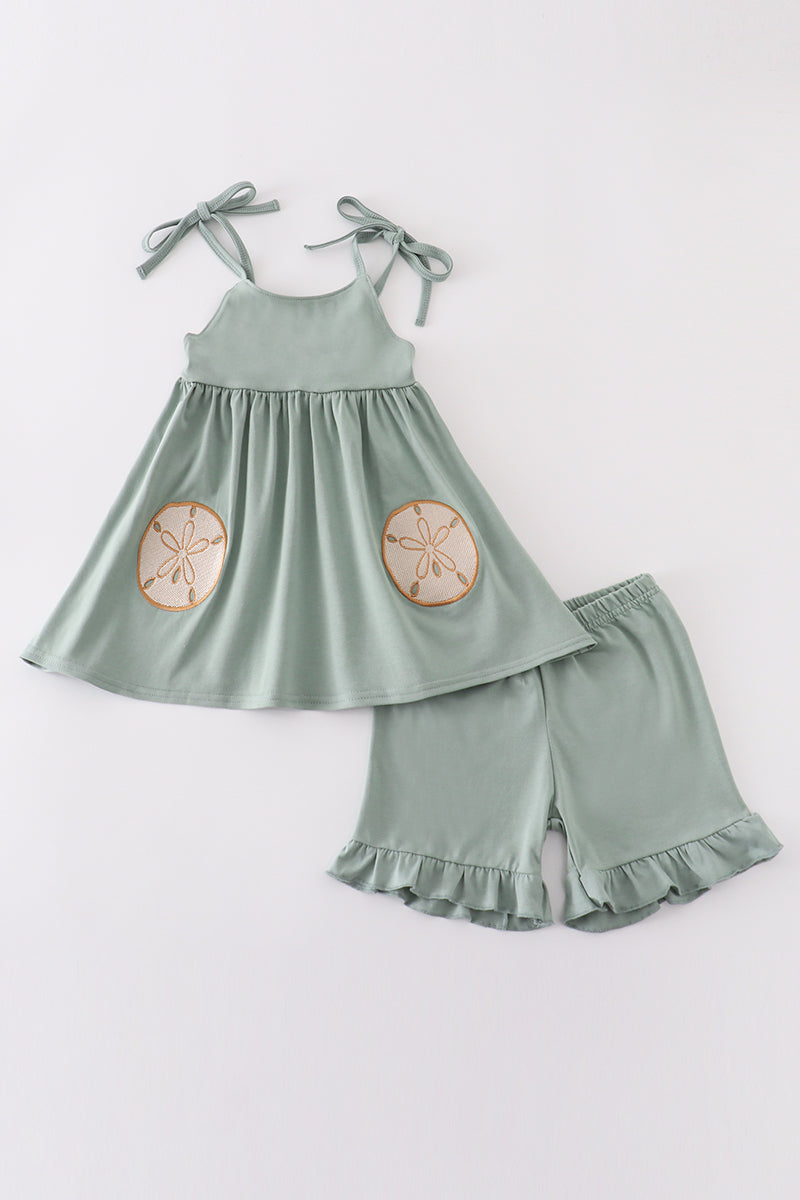 Sage green girl's set with sand dollar embroidery, perfect for beach outings.