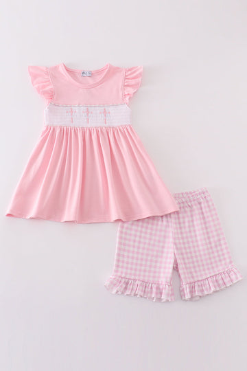 Pink easter cross embroidery smocked girl set