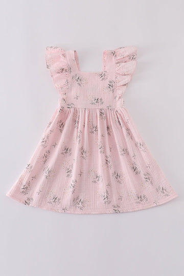 Pink floral muslin dress with ruffles, perfect for girls' summer outings.