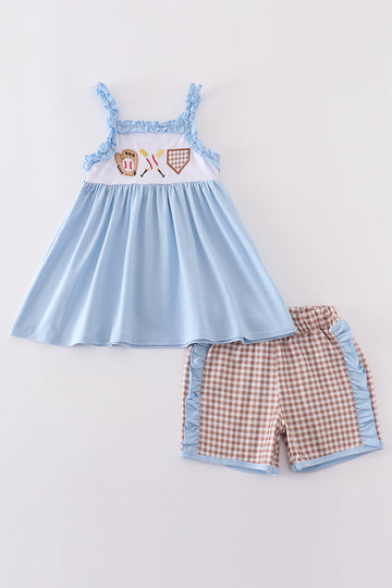 Blue baseball applique set featuring playful baseball-themed designs, perfect for active kids.