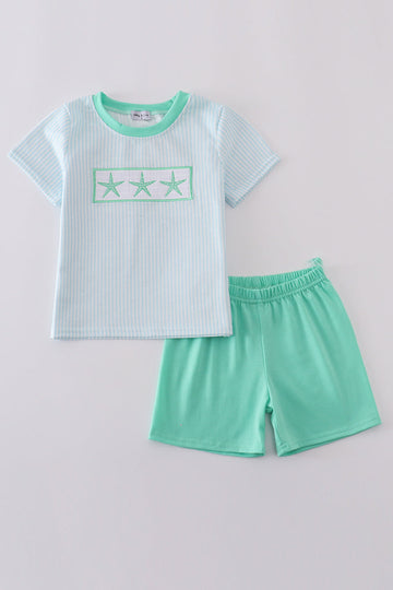 Blue stripe boy set with starfish embroidery, perfect for summer adventures.