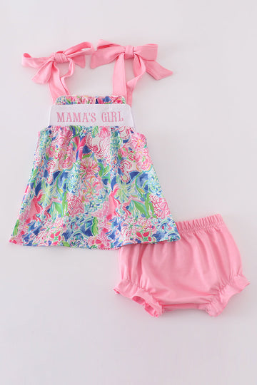Blossom love MAMA'S GIRL embroidered bloomer set, pink floral pattern, perfect for toddlers.