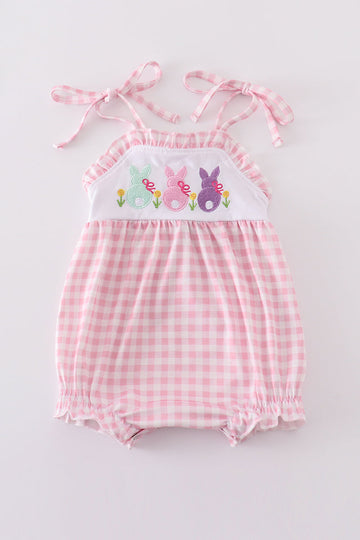 Pink bunny embroidery bubble romper with ruffled sleeves, perfect for springtime play.