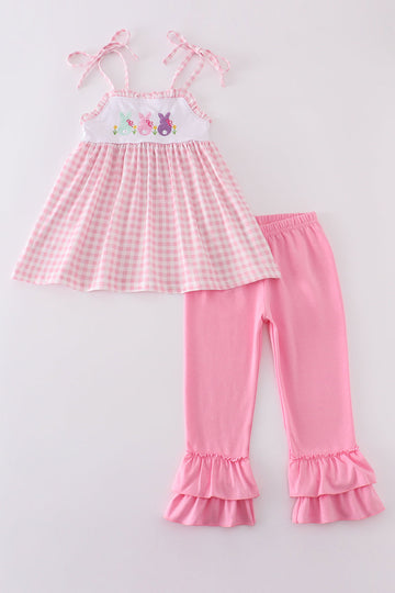 Pink gingham set with adorable bunny embroidery, perfect for springtime play.