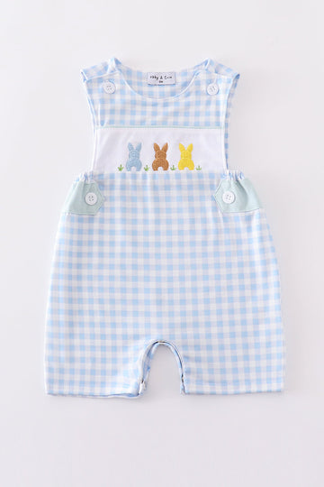 Blue gingham jonjon with adorable embroidered bunny, perfect for springtime play.