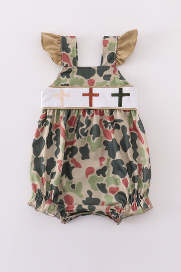 Camouflage bubble romper with cross embroidery, perfect for playful outdoor adventures.
