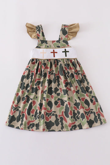 Camouflage cross embroidery dress with playful patterns, perfect for adventurous kids.