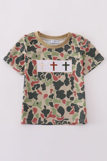Cozy camouflage top with playful cross embroidery, perfect for adventurous kids.