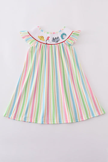 Whimsical striped smocked dress with Dr. Seuss embroidery, perfect for playful adventures.