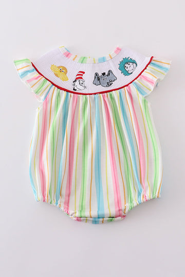 Adorable striped bubble romper with Dr. Seuss embroidery, perfect for playtime.