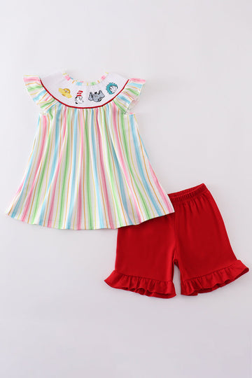 Children's striped smocked set with Dr. Seuss embroidery, perfect for playtime.