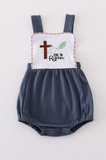 Blue "He is Risen" embroidered boy bubble romper with white trim, perfect for Easter.