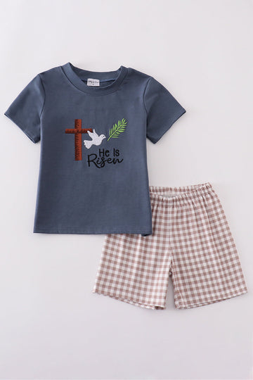 Blue boys' outfit with "He is Risen" embroidery, perfect for Easter celebrations.