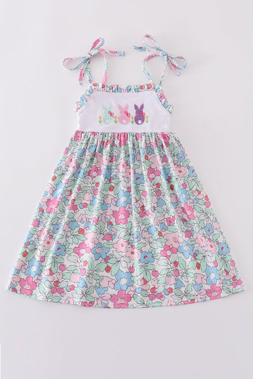 Floral bunny embroidery dress with pastel colors, perfect for spring outings.