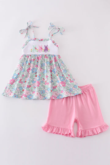 Floral bunny embroidery set: pastel romper with cute bunny and flower design.