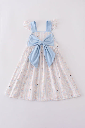 Adorable blue dress with bunny print and a charming bow, perfect for spring.