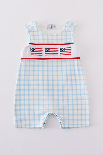 Blue jonjon with charming flag embroidery, perfect for playful summer adventures.