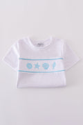 White smocked set with starfish embroidery, perfect for summer beach outings.