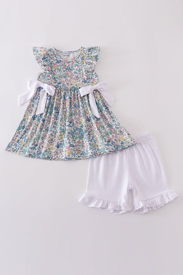 Vintage meadow print bow shorts set with floral pattern, perfect for playful summer days.