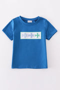 Blue top with playful airplane embroidery, perfect for kids' adventures.