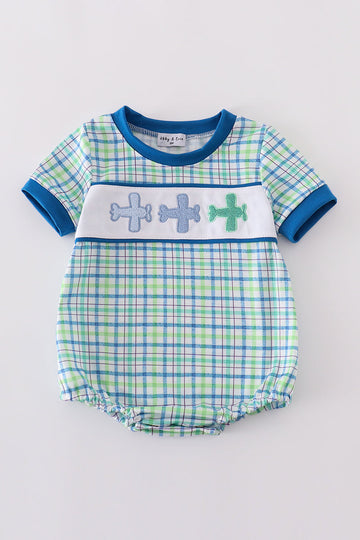 Blue plaid bubble romper with cute airplane embroidery, perfect for toddlers.