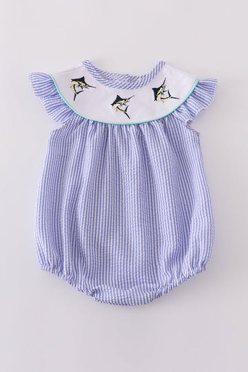 Blue stripe seersucker bubble with cute swordfish embroidery, perfect for summer fun.