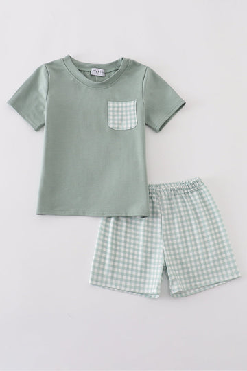 Green gingham shorts set for boys, perfect for playful summer days.