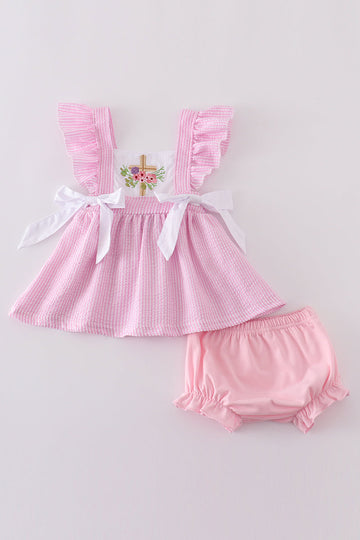 Pink seersucker bloomer set with cross floral embroidery, perfect for spring outings.