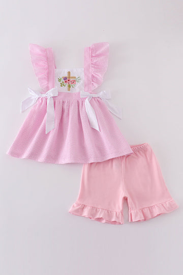 Pink seersucker floral embroidery set with ruffled sleeves, perfect for spring outings.