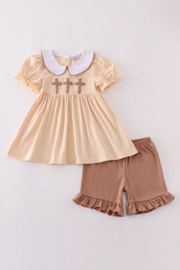Cream cross french knot set from Sandilake Clothing, featuring a cozy sweater and matching pants with delicate cross pattern, perfect for playful days.