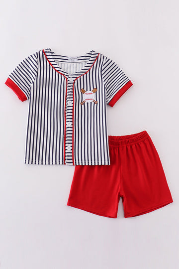 Children's baseball-themed outfit with colorful stripes and playful embroidery.