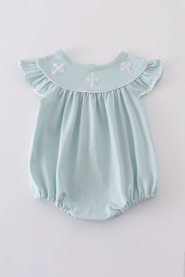 Blue cross embroidery bubble romper with ruffled sleeves, perfect for special occasions.