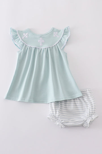 Blue cross embroidery bloomer set with ruffled sleeves, perfect for special occasions.