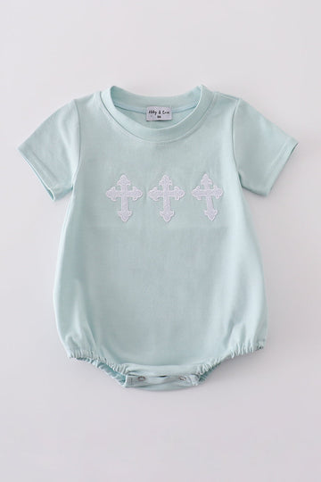 Blue cross embroidery bubble romper with puff sleeves, perfect for special occasions.