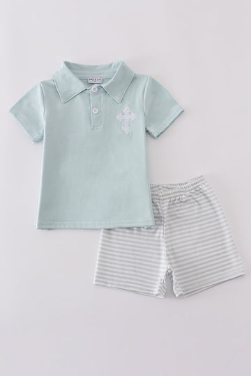 Blue cross embroidery set: cozy children’s outfit with charming cross pattern, perfect for special occasions.