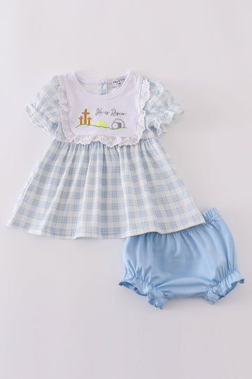 Blue plaid bloomer set with "He is Risen" embroidery, perfect for Easter.