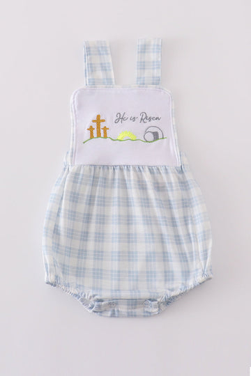 Blue plaid bubble romper with "He is Risen" embroidery, perfect for Easter.