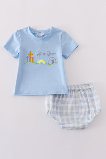 Blue plaid bloomer set with "He is Risen" embroidery, perfect for Easter.