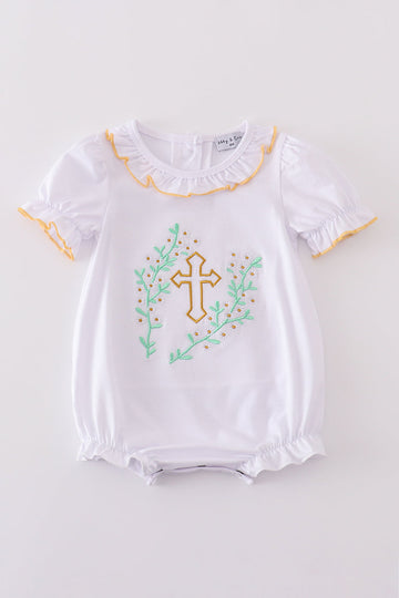 Pastel pink bubble romper with delicate Easter cross embroidery, perfect for spring celebrations.