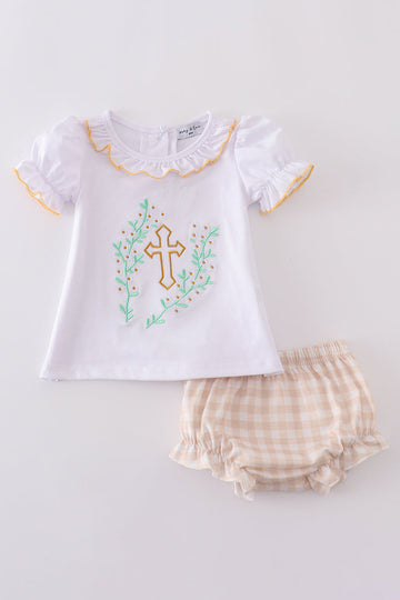 A pastel pink bloomer set with embroidered Easter crosses for girls.