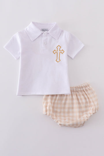 Blue boy bloomer set with Easter cross embroidery, perfect for spring celebrations.