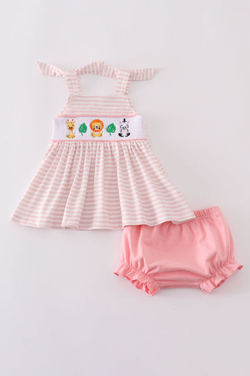 Pink striped smocked bloomer set with cute animal embroidery, perfect for playtime.