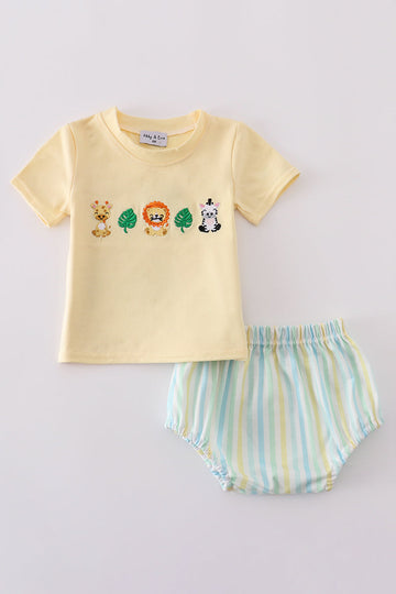 Bright yellow striped toddler bloomer set with adorable animal embroidery.