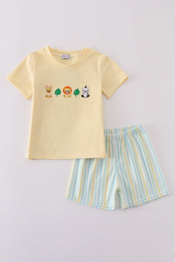 Cheerful yellow stripe smocked set with playful animal embroidery, perfect for kids.